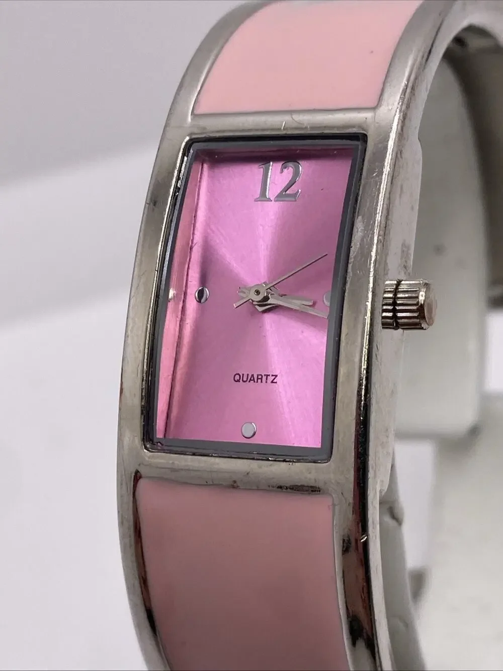 Womens Silver Pink Cuff Bangle Watch Works New Battery